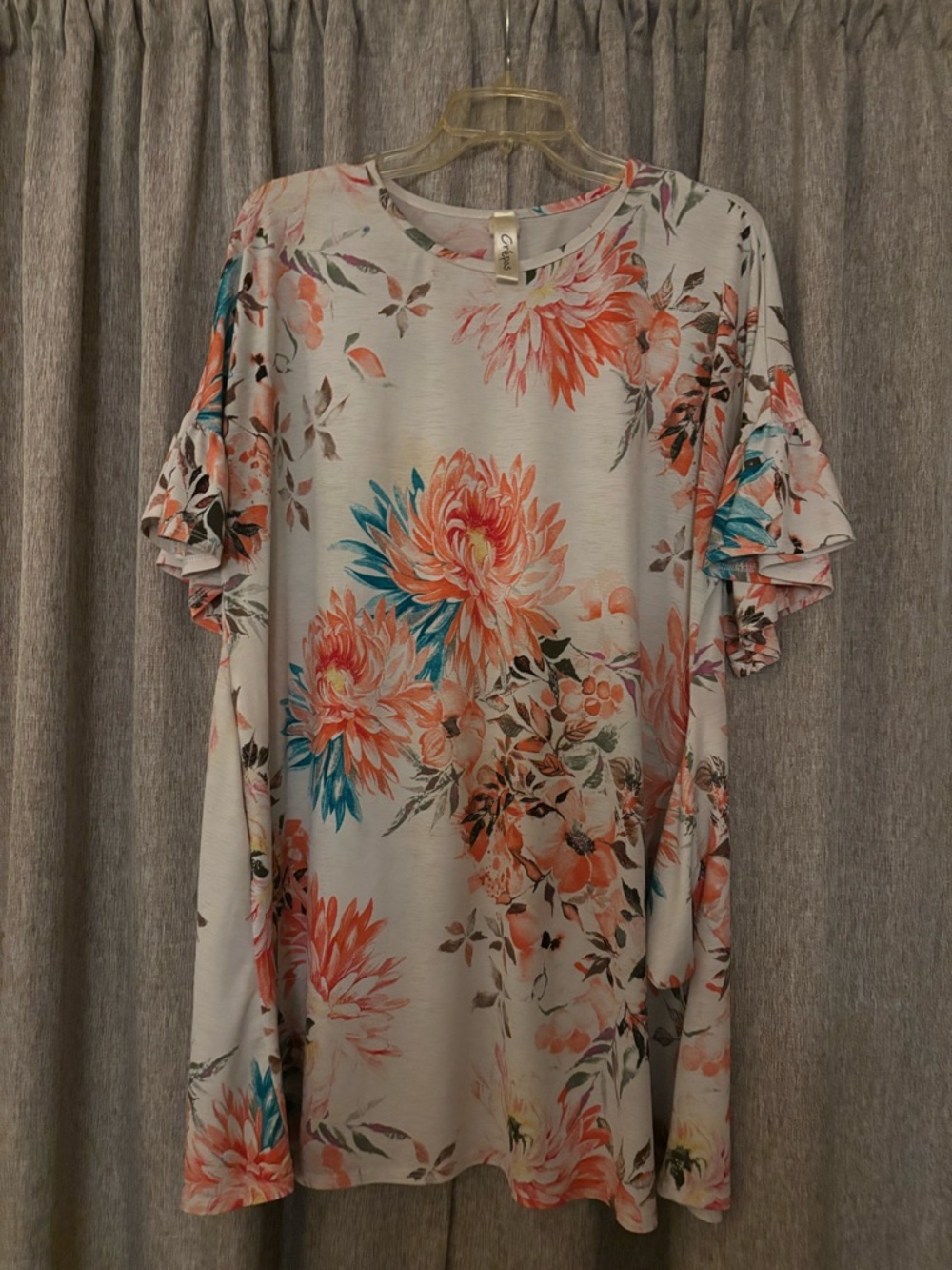 Floral Ruffle Sleeve Midi Dress in Cream with Coral & Teal Print